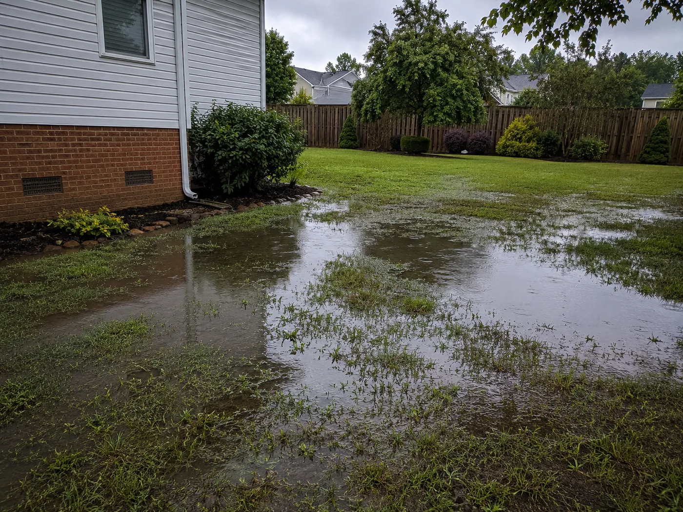 Standing water pooling across a backyard lawn near a home's foundation after rain